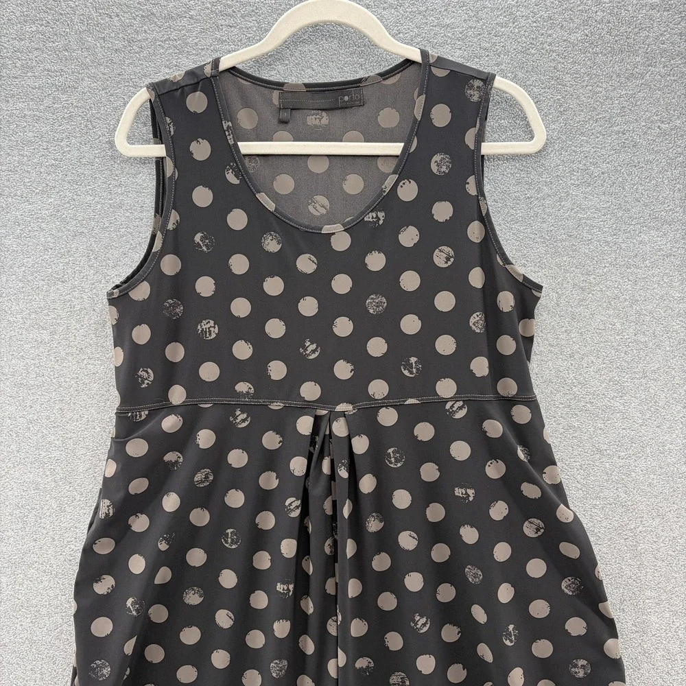 Porto San Francisco Dress Large Black Polka Dot Lagenlook Jersey Relaxed Pockets
